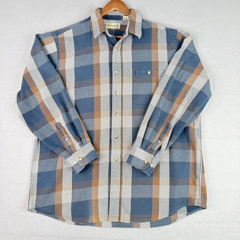 Vintage Fieldmaster Shirt Mens XLT Blue Brown Plaid Cotton Flannel Outdoor - Picture 1 of 11